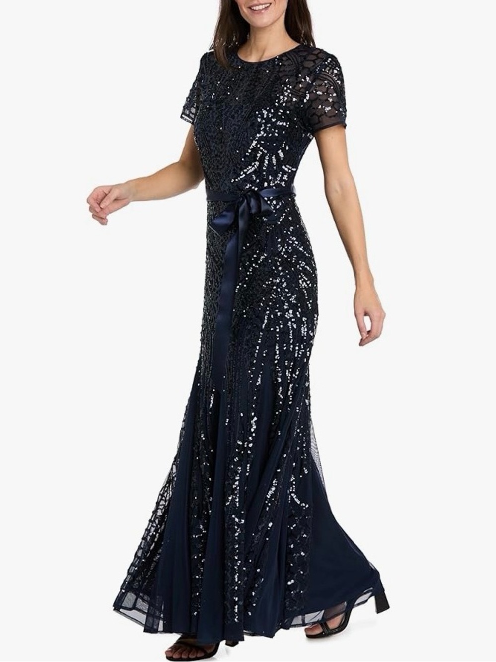 R&M Richards Navy Blue Sequin Godet Maxi Gown Short Sleeve NWOT - Size 14